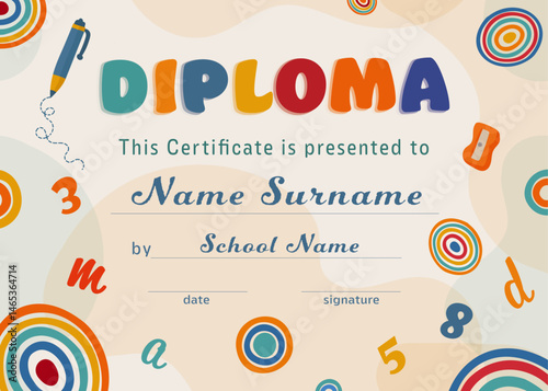 Kindergarten diploma certificate template with school supplies numbers and letters