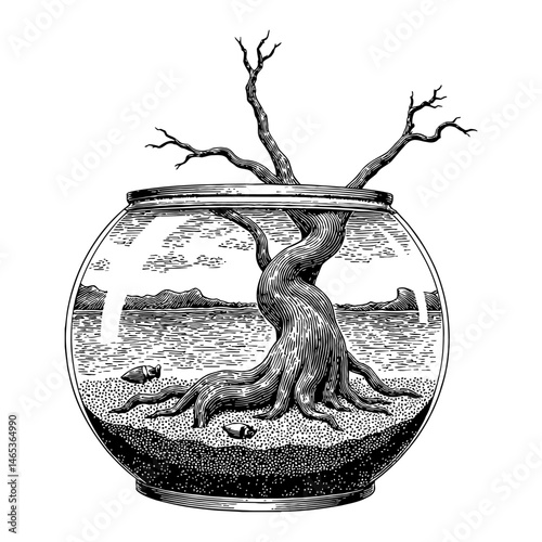 Dead Tree in Round Aquarium Tank Landscape Black and White Outline Line Art Drawing