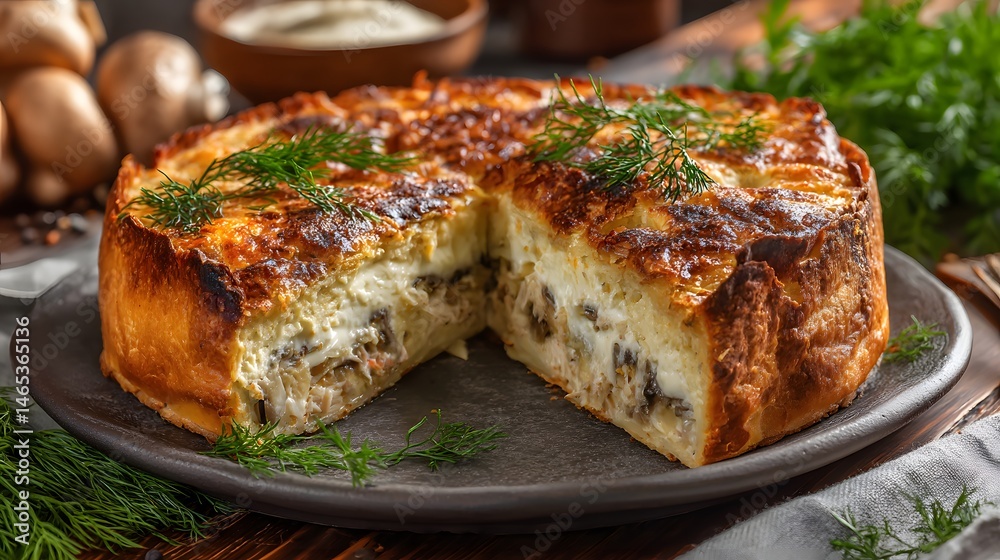 A beautifully baked mushroom pie, cut open to reveal a creamy filling, ready to eat. A beautifully baked mushroom pie, cut open to reveal a creamy filling, ready to eat.