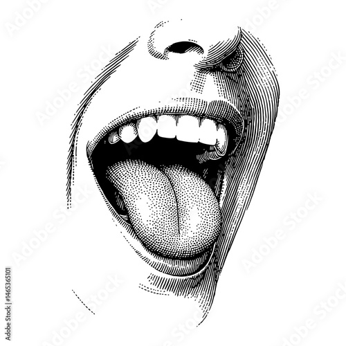 Mouth with Tongue Sticking Out in Black and White Outline Line Art Drawing Detail Illustration