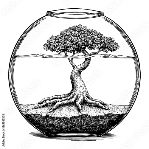 Tree with Soil Inside Round Aquarium Black and White Outline Line Art Drawing Illustration