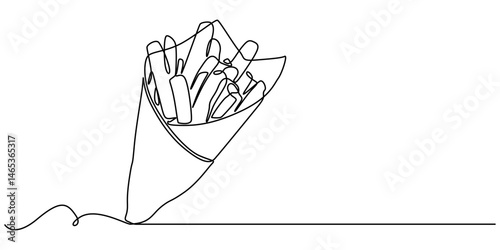 one continuous drawn line of french fries drawn from the hand picture silhouette. Line art. fast food food potato cooked in flint, French fries in continuous line art drawing style. Fried potato stick