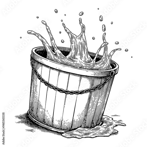 Bucket Full of Water Spilling Out Black and White Outline Line Art Drawing Illustration Style