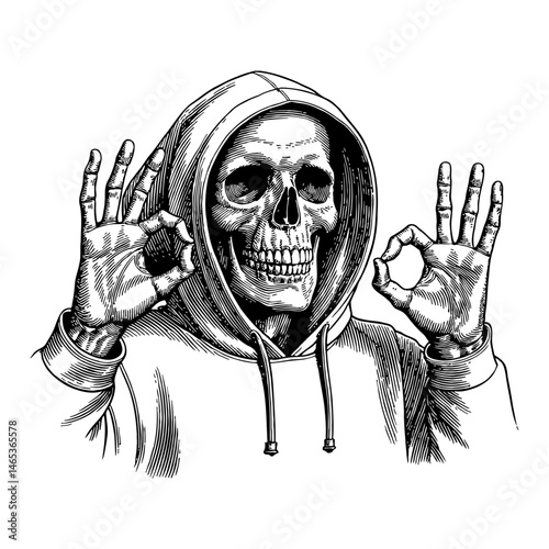 Skull in Hoodie with Skeleton Hand Doing Okay Gesture Black and White Outline Line Art Drawing