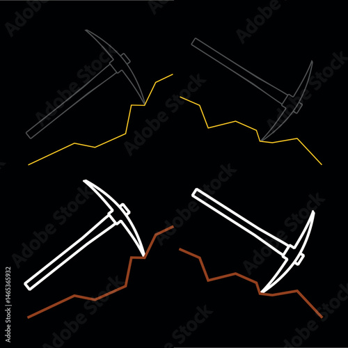 Pickaxe (kylo, kayla) icon. Symbol of work, extraction, or mine. Attribute of a quarry, miner, or worker. Hand-held impact tool for gold or ore mining.