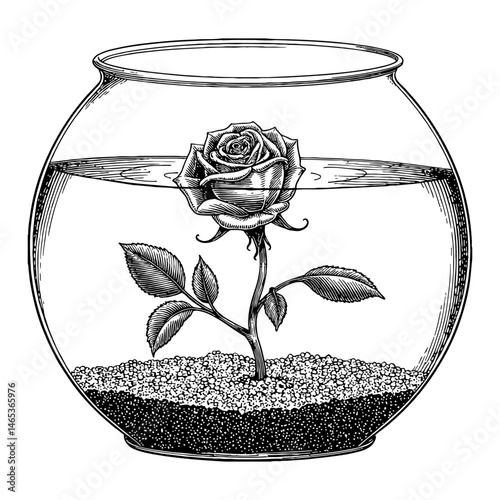 Rose with Soil Inside Round Aquarium Tank Black and White Outline Line Art Drawing
