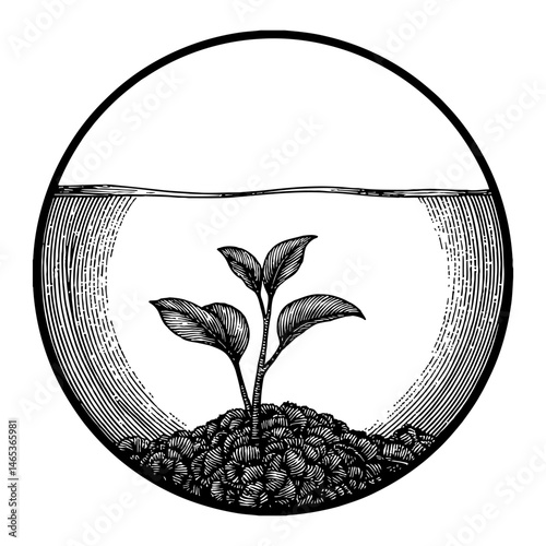 Small Plant Growing Inside Round Aquarium Black and White Outline Line Art Engraving Illustration