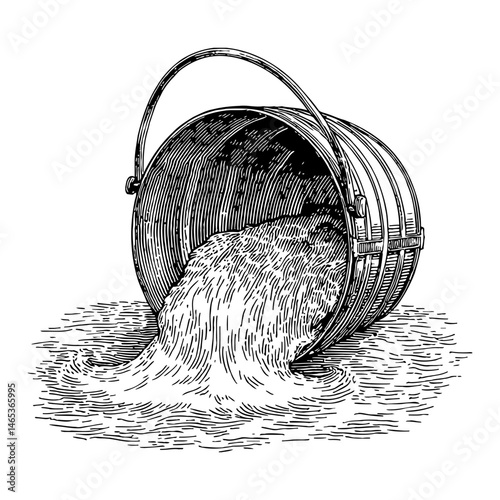 Steel Bucket Full of Water Spilling Out in Black and White Outline Line Art Drawing