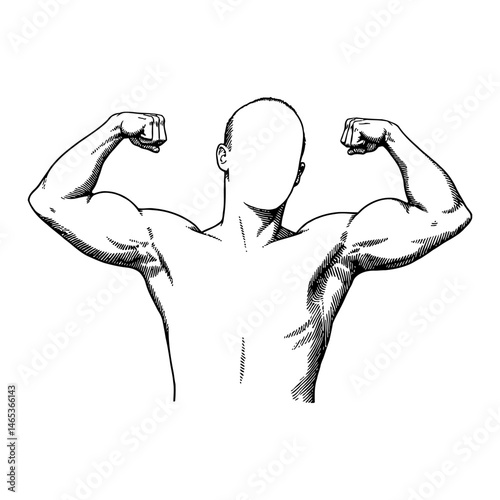 Strong Man Flexing Muscle Arms Only Gesture in Black and White Outline Line Art Drawing