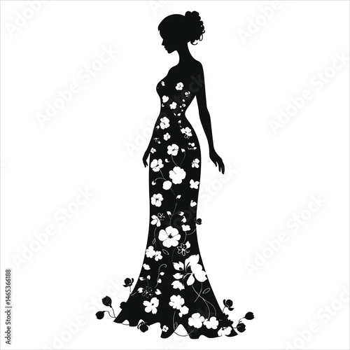 Vector Silhouette of a Woman in a Floral Gown(Spring floral dress)//A graceful profile view of a woman wearing a long, flowing gown adorned with delicate floral patterns.