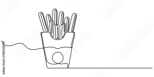 one continuous drawn line of french fries drawn from the hand picture silhouette. Line art. fast food food potato cooked in flint, French fries in continuous line art drawing style. Fried potato stick