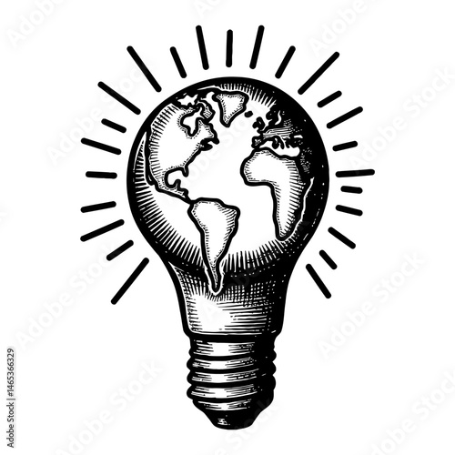 Planet Earth Ball Inside a Light Bulb with Shining Effect Black and White Outline Line Art