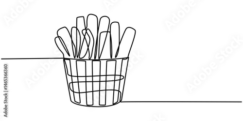 French fries in continuous line art drawing style. Fried potato sticks minimalist black linear sketch isolated on white background. Vector illustration, One line drawing.                             