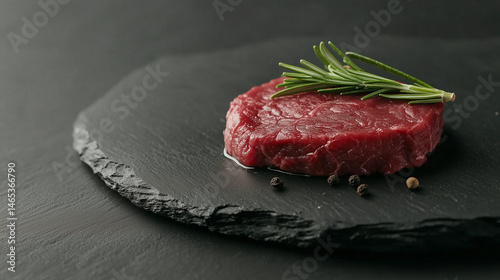 Fresh raw steaks, coarse texture, rosemary leaves, meat juice seeping on black stoneware