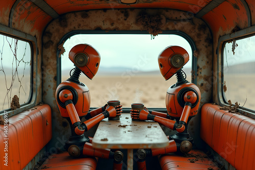 Rusty Steampunk Robots Sharing Drinks Inside Abandoned Vehicle in Post-Apocalyptic Wasteland