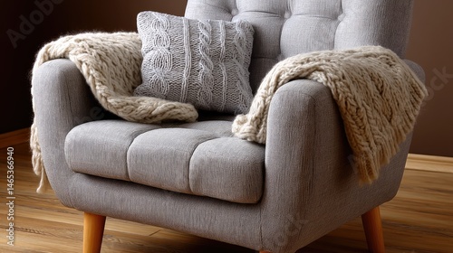 Cozy home interior features a beige armchair, blanket, and decor items that enhance the warm ambiance of the living room