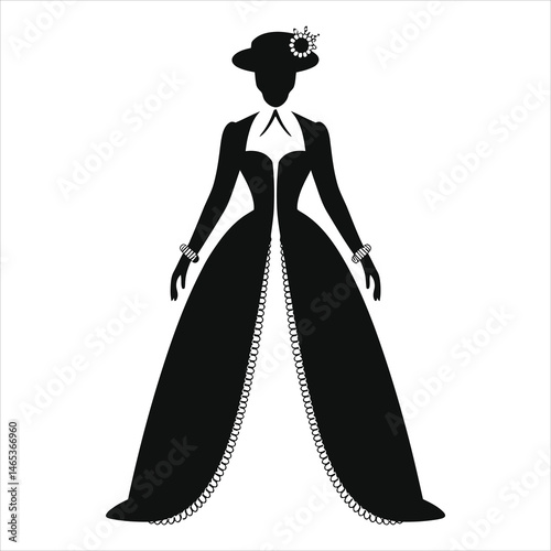 Elegant Lady in Vintage Style Dress Vector Silhouette(Victorian dress)/A striking silhouette of a woman wearing a vintage-style dress and hat.