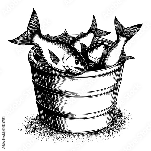 Fishes in Bucket Black and White Outline Line Art Drawing of Freshly Caught Fishes Illustration