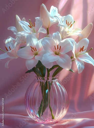 White lilies in pink vase, sunlight, fabric background; greeting card