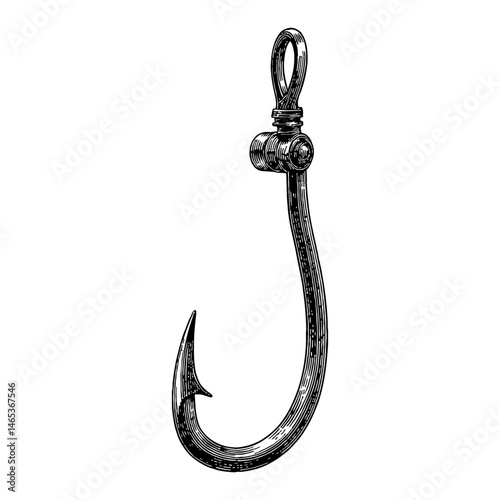 Detailed Fishing Hook Black and White Outline Line Art Drawing Engraving Style Hook Bait Lure
