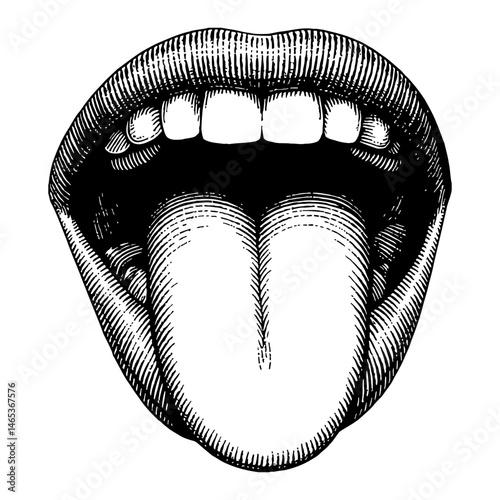 Open Mouth with Tongue Sticking Out Vintage Black and White Outline Line Art Drawing