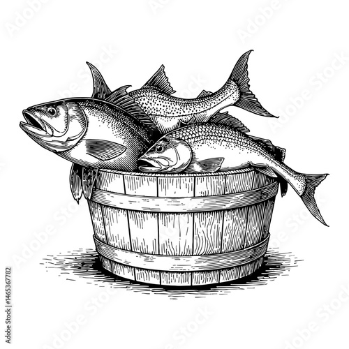 Fishes in the Bucket Black and White Outline Line Art Drawing of Various Fish Species Illustration