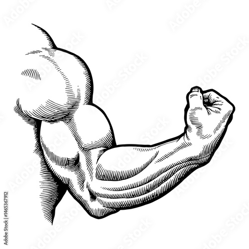 One Arm Flexing Muscle Gesture Strong Bodybuilder Black and White Outline Line Art Drawing