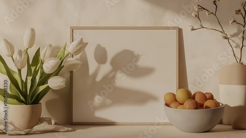 Empty picture frame and fresh flowers, a still life in soft light.