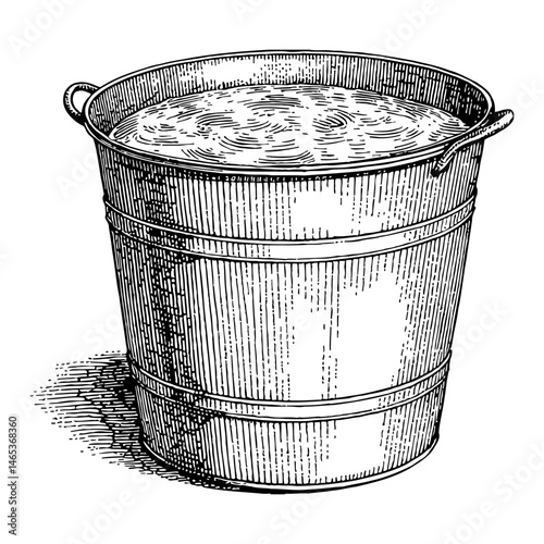 Steel Bucket Full of Water Engraved Black and White Outline Line Art Drawing Illustration