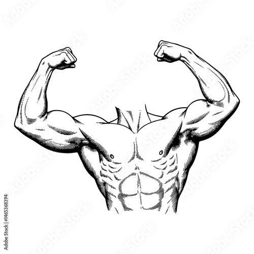 Muscle Flexing Arms Gesture Bodybuilder Bodybuilding Muscular Black and White Outline Line Art Drawing