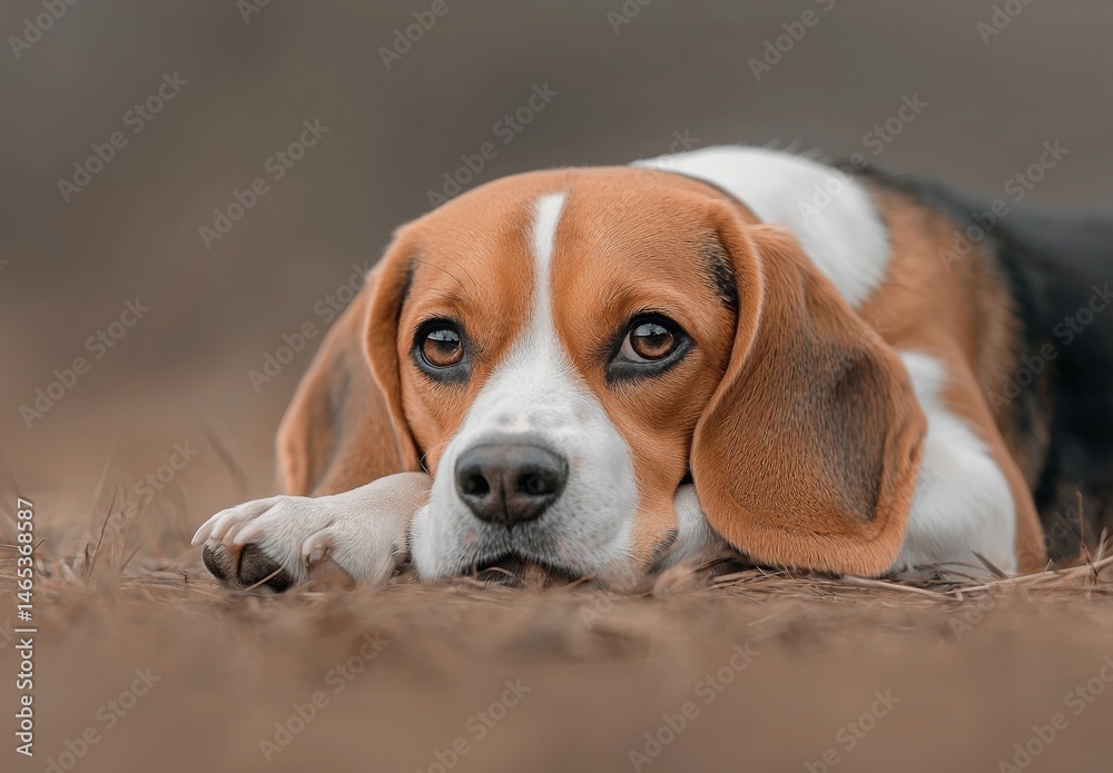 Focused Beagle Dog Relaxing on Ground with Soft Focus Background and Gentle Expression in Natural Environment Focused Beagle Dog Relaxing on Ground with Soft Focus Background and Gentle Expression in Natural Environment
