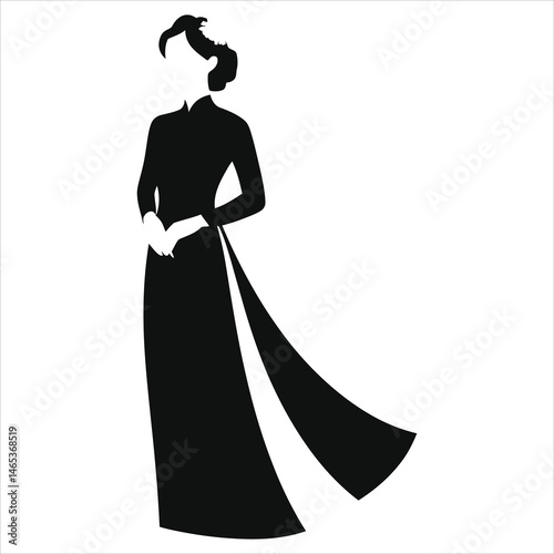Elegant Vector Silhouette of a Woman in Traditional Vietnamese Dress/A sophisticated silhouette of a woman wearing a traditional Vietnamese Ao Dai dress.