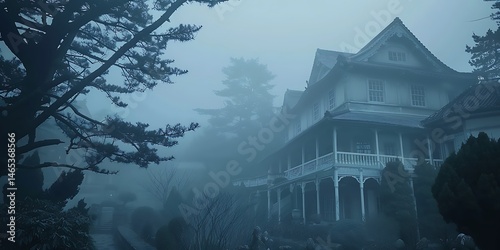 Eerie japanese mansion in mist with trees and a path captured in a beautiful photo