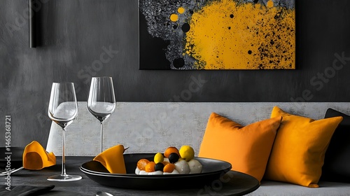 Contemporary dining room scene with vibrant accent colors.