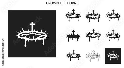 Black Crown of Thorns Icon Set - Vector Illustration