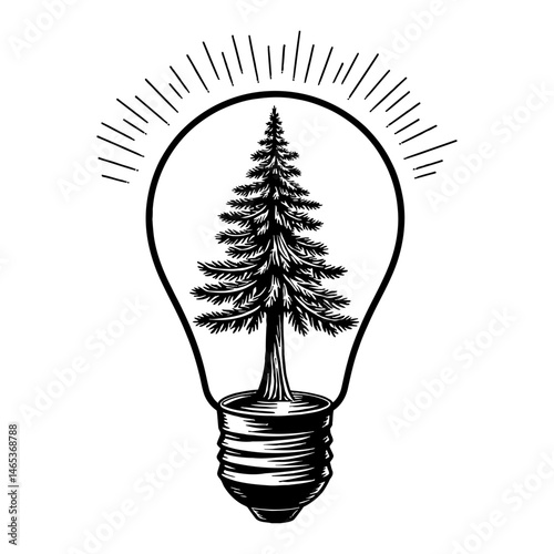 Pine Tree Inside Light Bulb with Sunburst Effect Black and White Outline Line Art Drawing