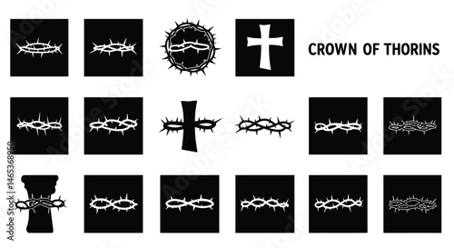 Black Crown of Thorns Icon Set - Vector Illustration