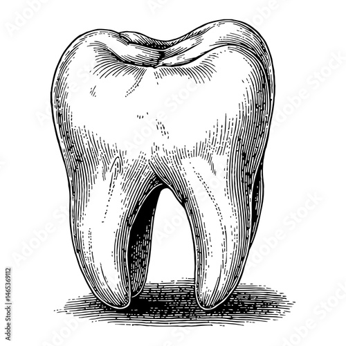 Detailed Molar Tooth Anatomy Black and White Outline Line Art Drawing Vintage Style Isolated