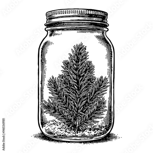 Pine Tree Growing Inside Glass Jar Black and White Outline Line Art Drawing Illustration