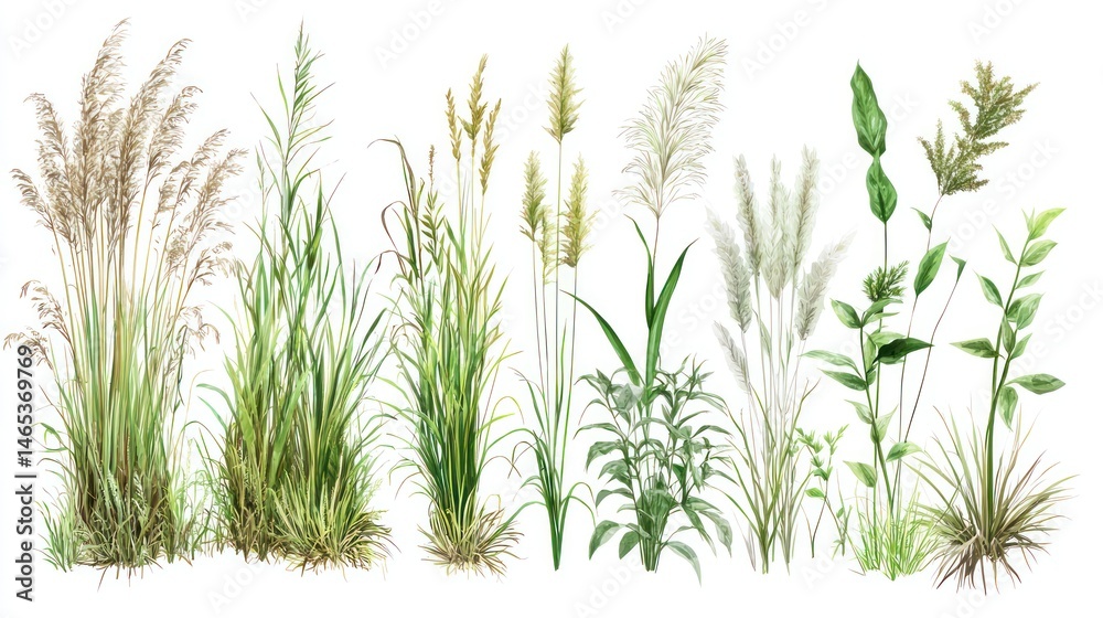 Fototapeta premium Illustration of different types of ornamental grasses with labeled names
