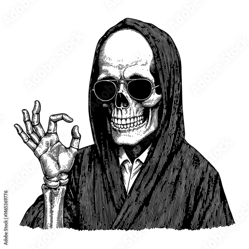 Skull with Sunglasses in Dark Robe Doing Okay Gesture Black and White Outline Line Art Drawing