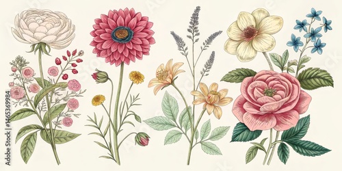 Vintage Botanical Flowers Illustration with Roses, Dahlias and More, floral , drawing
