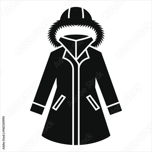 Stylish Black Winter Parka Jacket Vector Silhouette/A simple, bold silhouette of a winter parka jacket with a fur-trimmed hood.