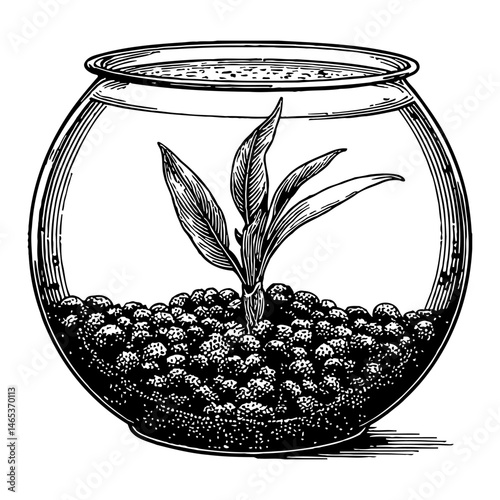 Small Plant with Soil Inside Round Aquarium Black and White Outline Line Art Drawing