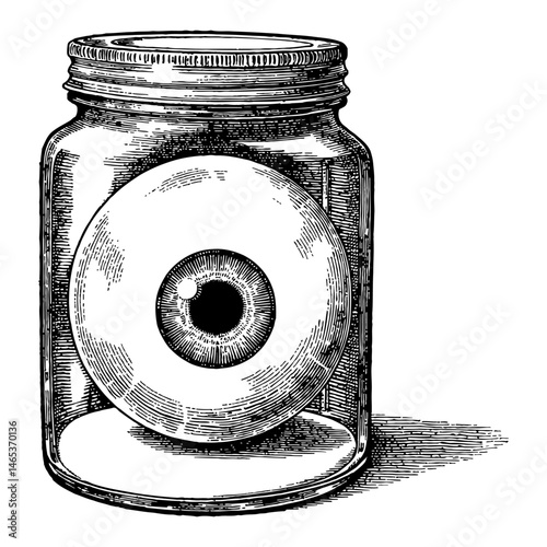 Eyeball Inside a Jar Black and White Outline Line Art Drawing Isolated in Transparent