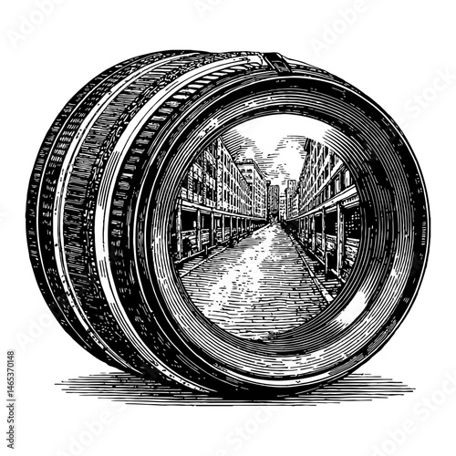 Camera Lens Reflecting City Street View Perspective in Black and White Outline Line Art Drawing