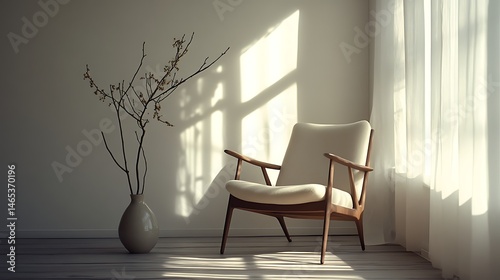 Sunlight streams into a simple, modern room with a chair.