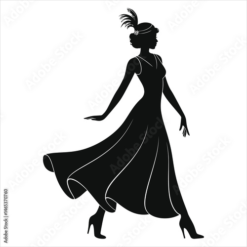 Elegant Vector Silhouette of a 1920s Flapper Woman/A sophisticated silhouette of a woman in a flowing 1920s dress, likely a flapper style, with a feathered hat and high heels.