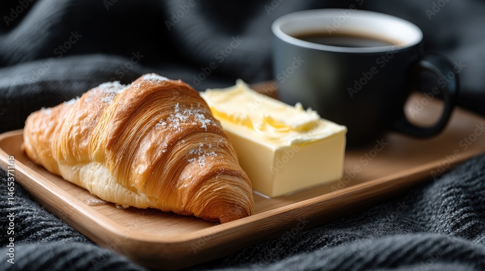 Enjoy a relaxing morning with a fresh croissant, creamy butter, and steaming coffee served on a wooden tray over a knitted blanket