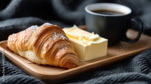 Obraz na płótnie Enjoy a relaxing morning with a fresh croissant, creamy butter, and steaming coffee served on a wooden tray over a knitted blanket w salonie